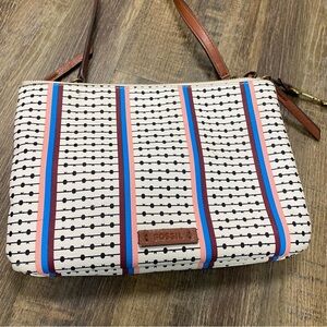 Fossil Cream and Brown Clutch /Crossbody with Leather Accents Logo Key Small Bag